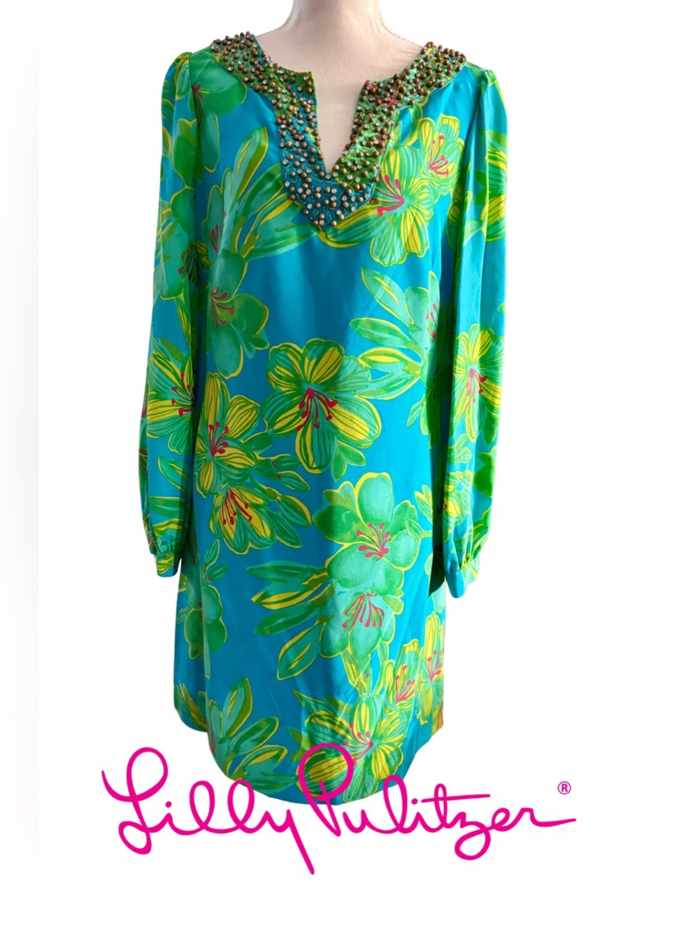 Lilly Pulitzer Turquoise Floral Beaded V-Neck Long Sleeve Dress